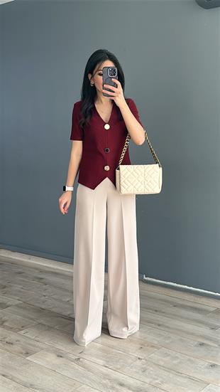 Bordo Farklı Düğme Detaylı Bluz