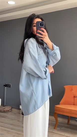 Açık Mavi Düşük Omuz Oversize Gömlek