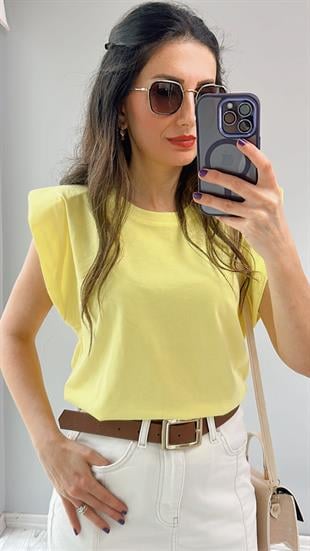 Sarı Vatkalı Bisiklet Yaka Basic T-Shirt