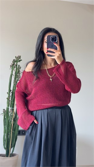 Bordo Kayık Yaka Ajurlu Triko Bluz