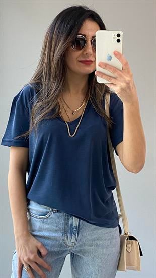 Lacivert Melanjlı Modal Kumaş V Yaka T-shirt