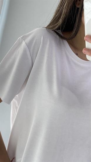 Beyaz Bisiklet Yaka Lazer Kesim Modal Kumaş T-shirt