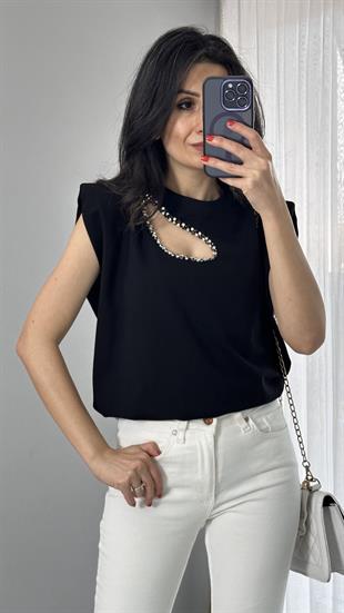 Siyah Damla Taş Detaylı Vatkalı Bluz