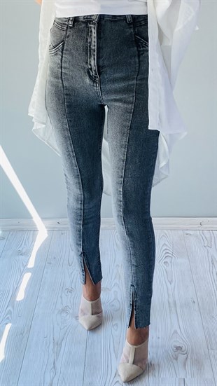Koyu Gri Skinny Yırtmaçlı Jean