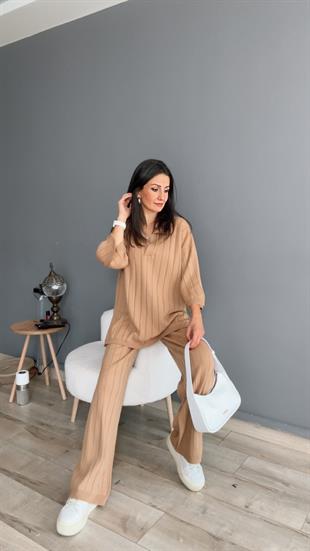 Camel Polo Yaka Fitilli Triko Takım