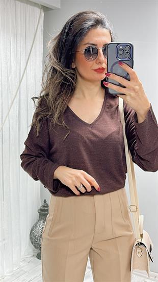Acı Kahve V Yaka İnce Basic Triko
