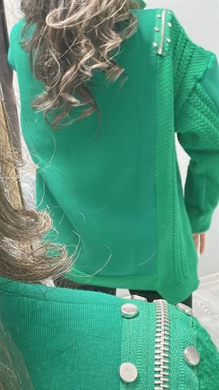 Yeşil Fermuarlı Taş Detaylı Model Tasarım Sweatshirt