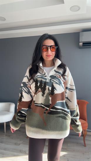Ekru Haki Geyikli Dağlı Desenli Fermuarlı Sweatshirt