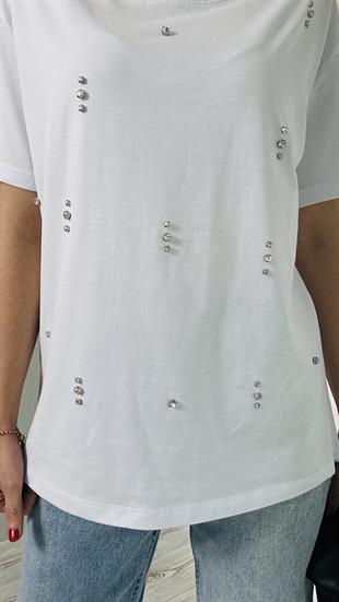 Beyaz Taş Detaylı Bisiklet Yaka T-shirt