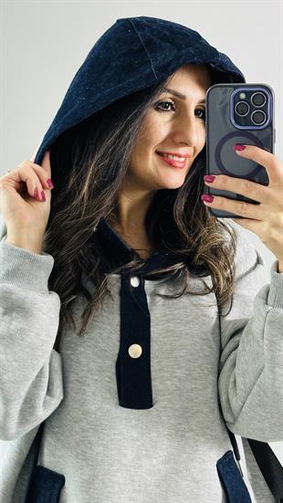 Gri Melanj Jean Garnili Cepli Kapşonlu Sweatshirt