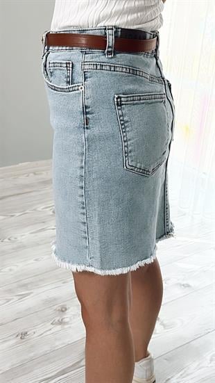Mavi Önü Üçgen Parça Detaylı Yüksek Bel Denim Etek