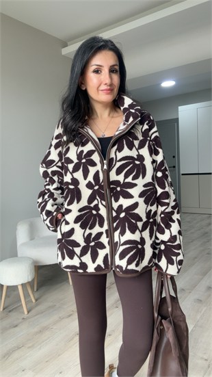 Ekru Kahve Çiçek Desenli Fermuarlı Polar Ceket