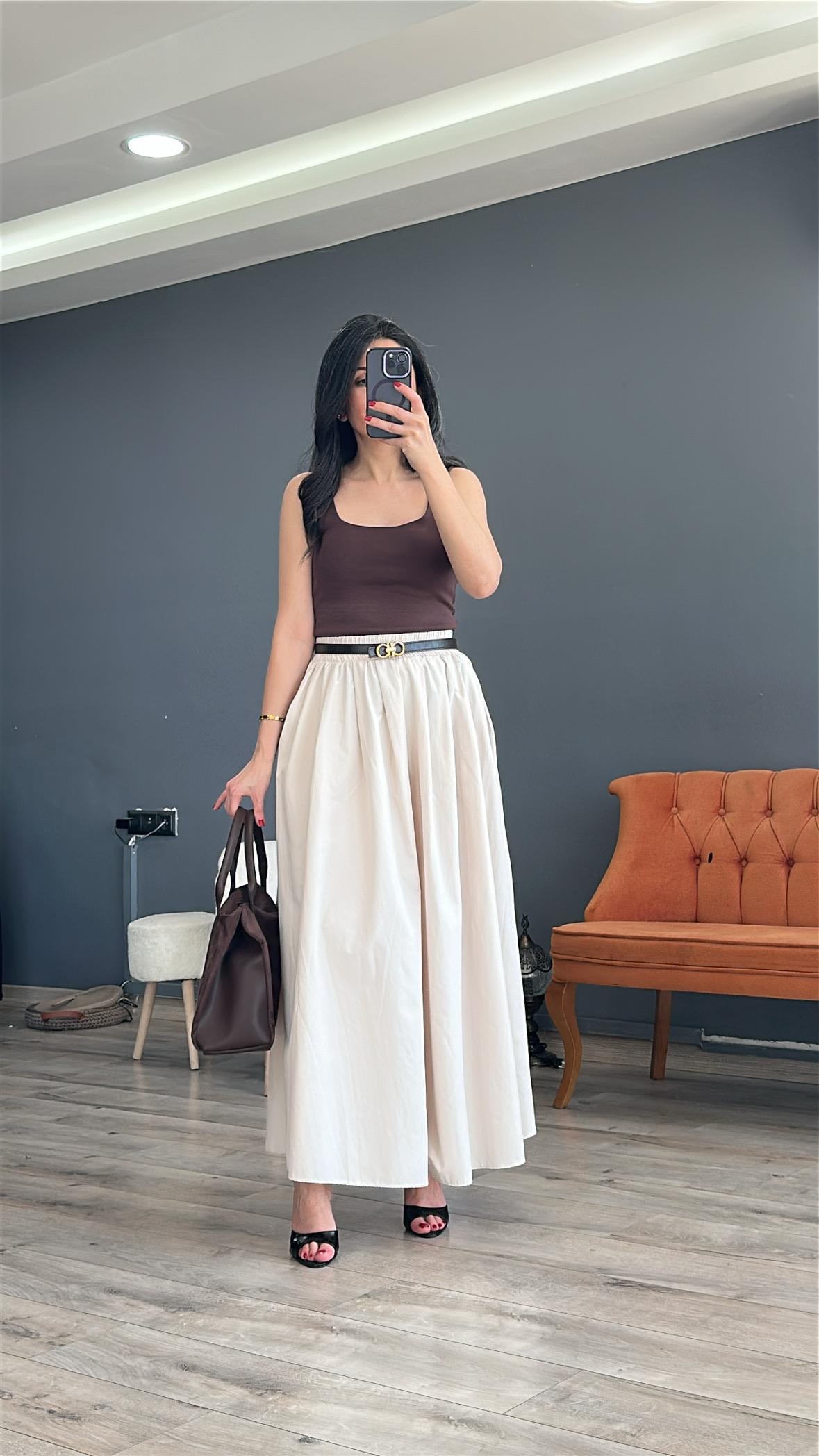 Bej Bel Kısmı Pileli Beli Lastikli Maxi Boy Etek