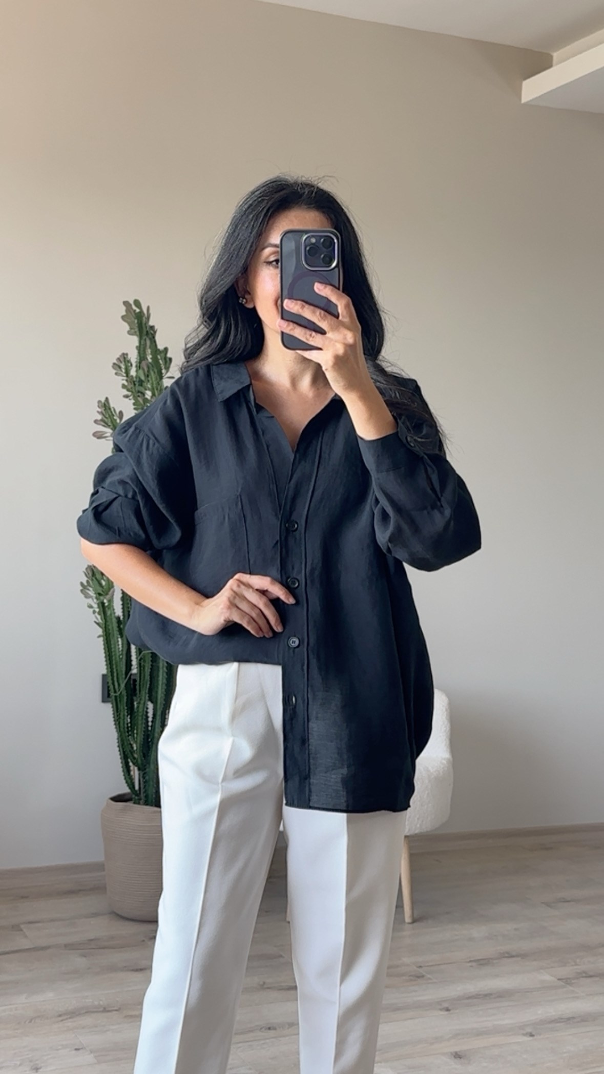 Siyah Düşük Omuz Oversize Gömlek