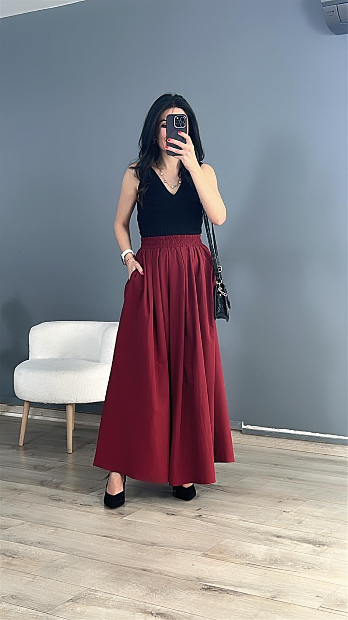 Bordo Bel Kısmı Pileli Beli Lastikli Maxi boy Etek