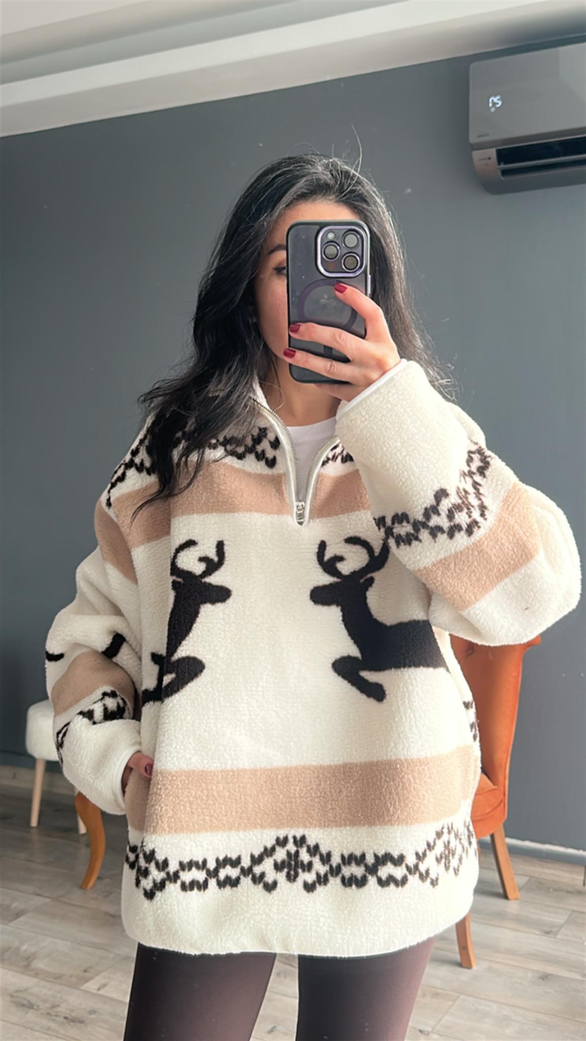 Ekru Kahve Geyik Desenli Fermuarlı Sweatshirt