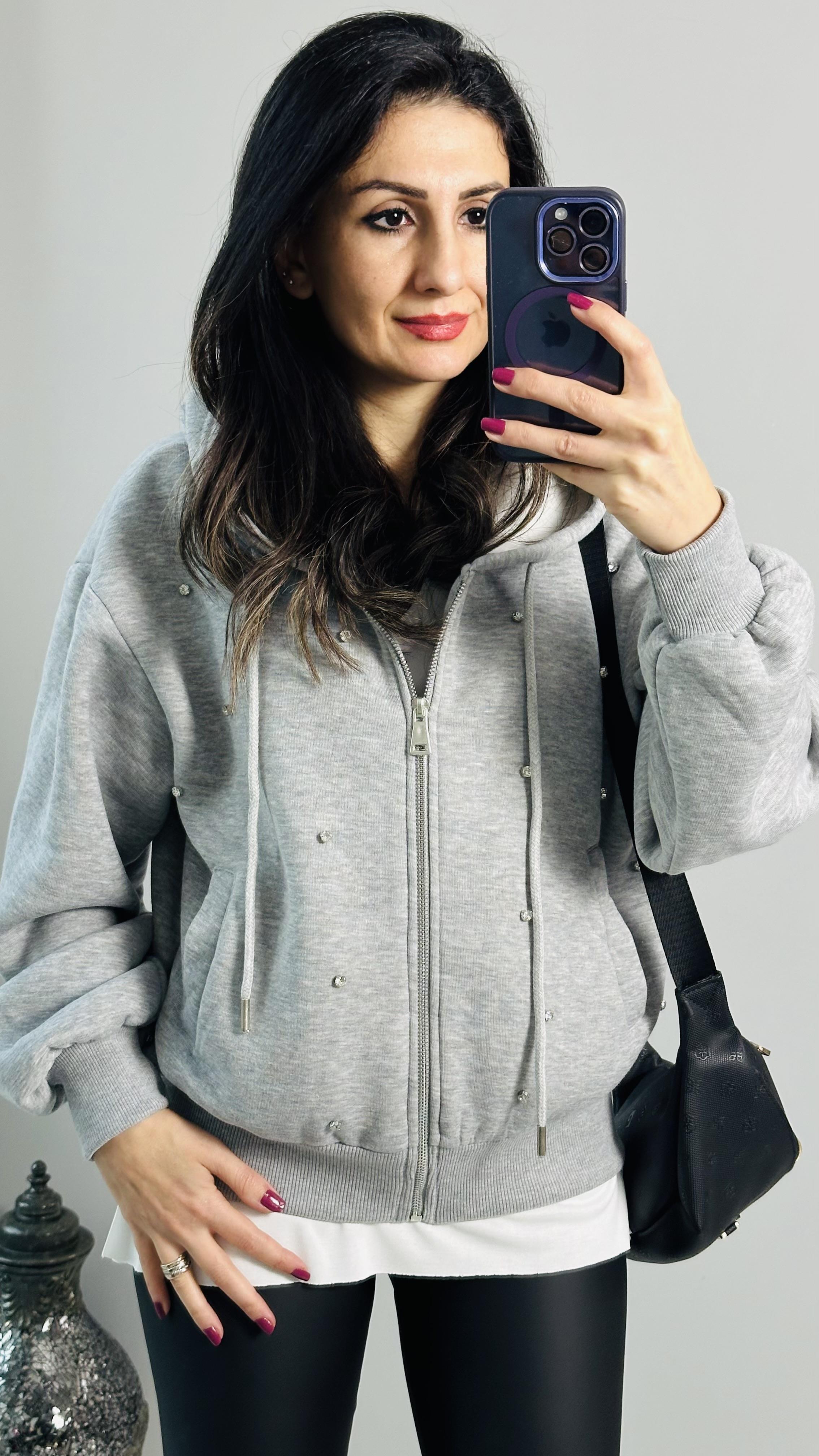 Gri Melanj Taş Detaylı Fermuarlı Kapşonlu Sweatshirt