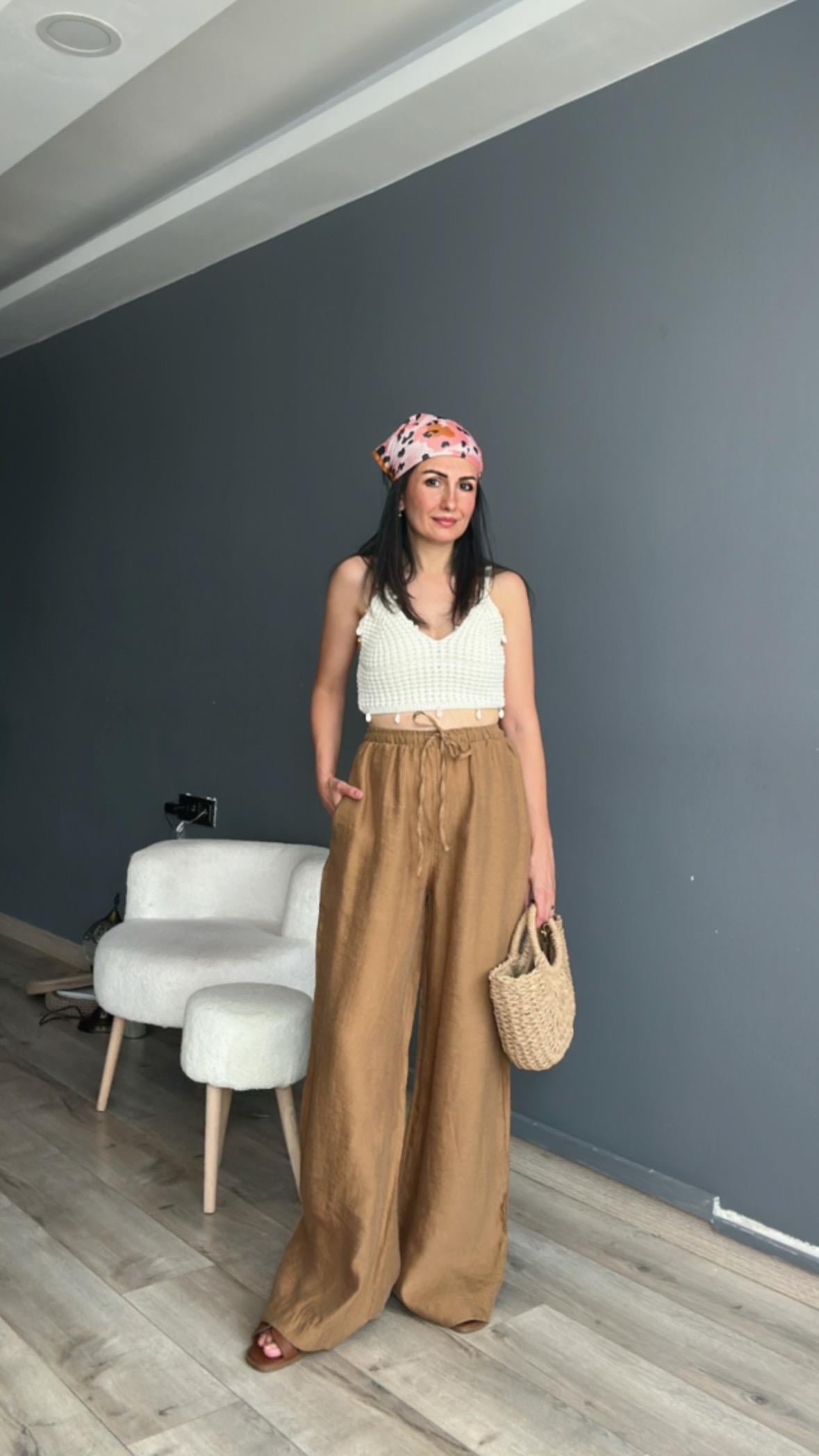 Taba Beli Lastikli İp bağlamalı Keten Pantolon