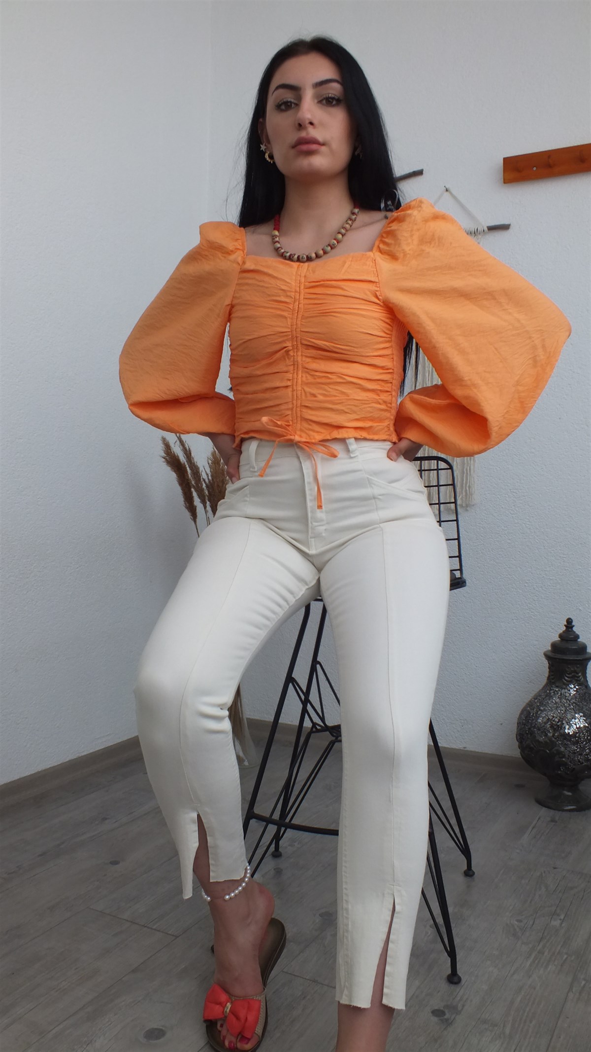 Kemik Gabardin Yırtmaçlı Pantolon