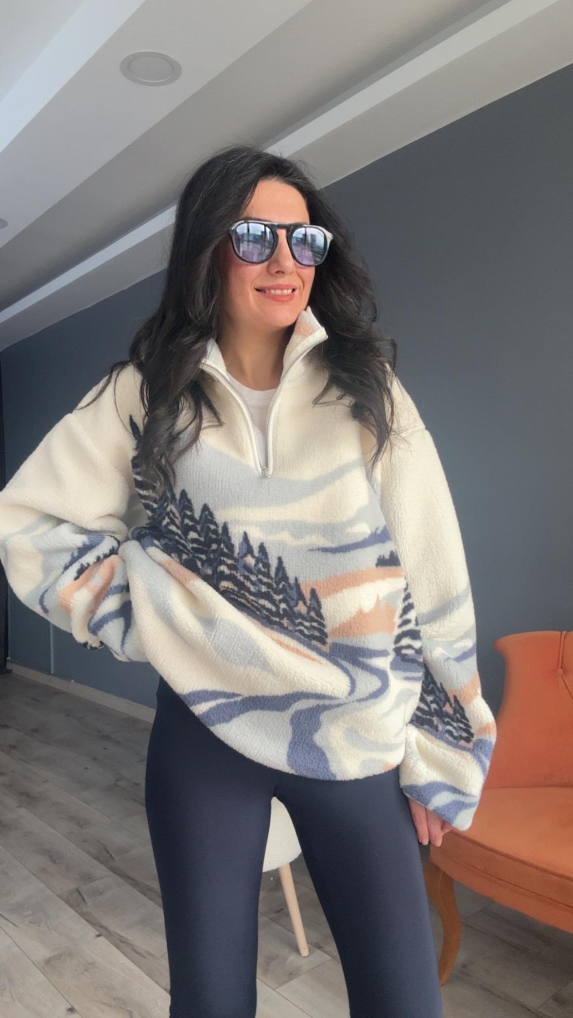 Ekru Mavi Desenli Fermuarlı Sweatshirt