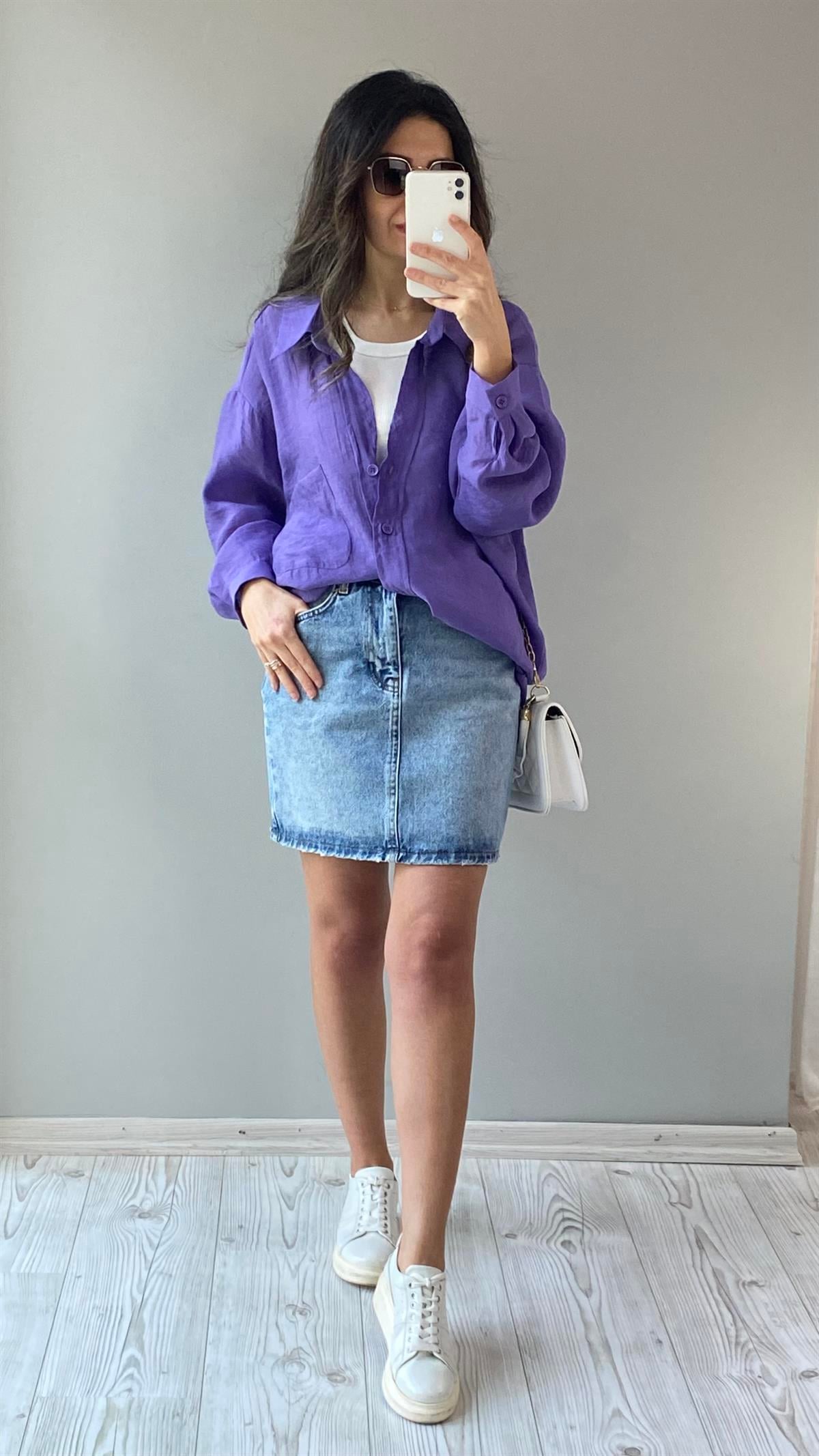 Mor Düşük Omuz Oversize Gömlek