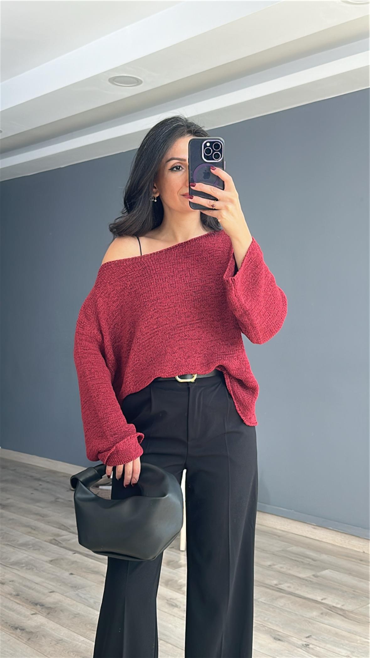 Bordo Kayık Yaka Merserize Triko