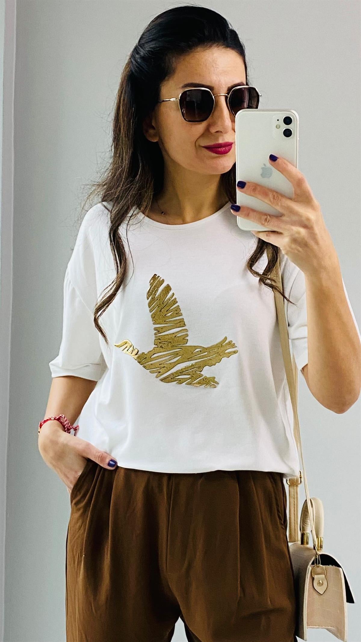 Ekru Gold Kuş Detaylı T-shirt