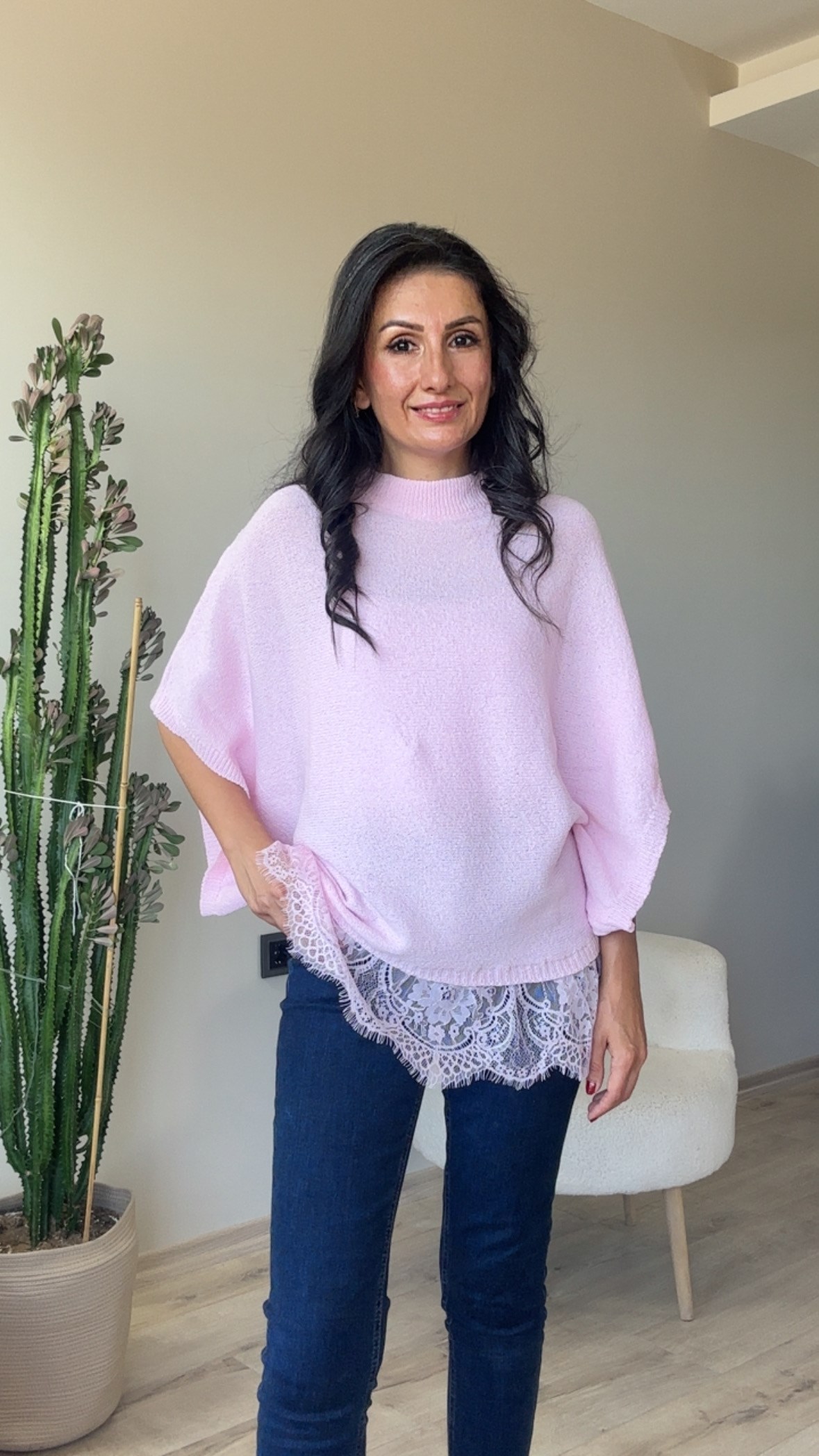Pembe Yarasa Kol Dantel Etekli Merserize