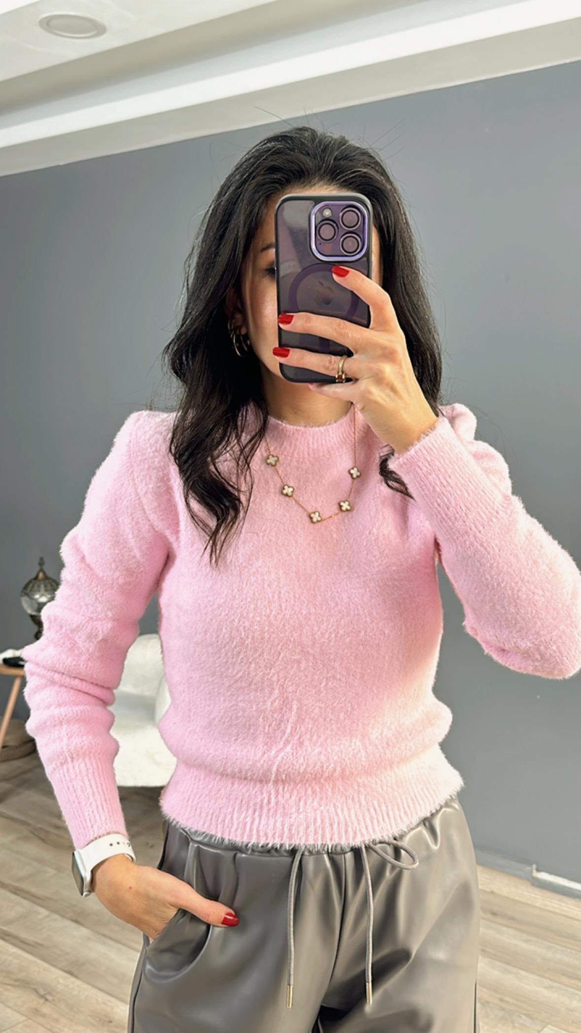 Pembe Bisiklet Yaka Yumoş Kazak