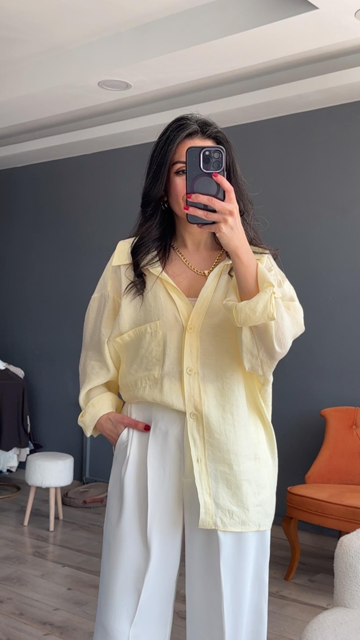 Açık Sarı Düşük Omuz Oversize Gömlek