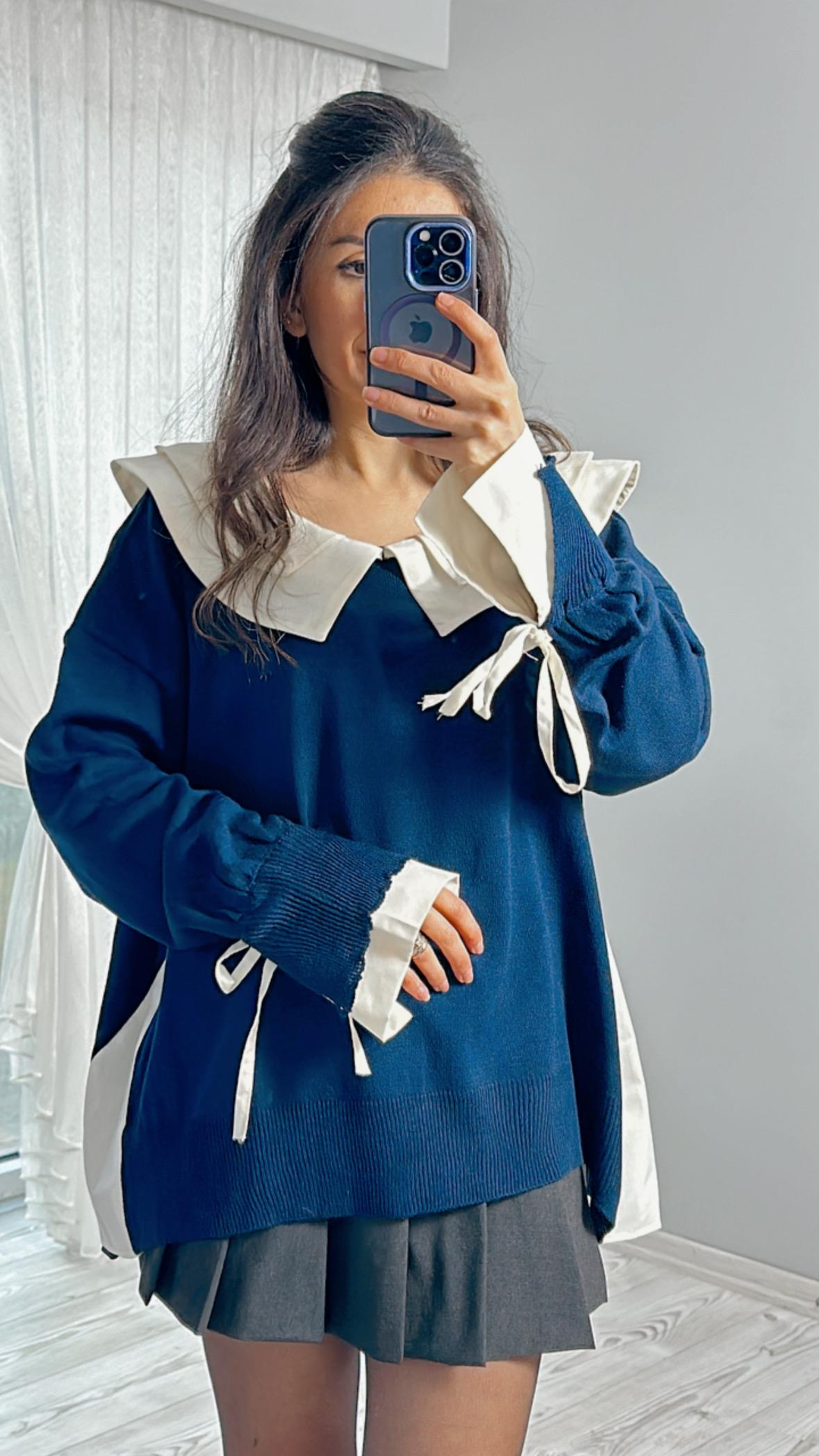 Lacivert Poplin Yaka Triko