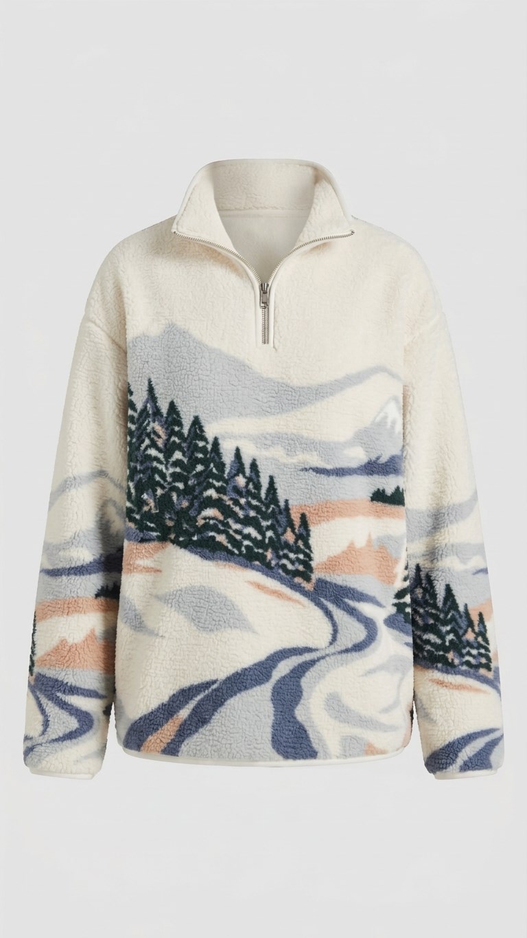 Ekru Mavi Desenli Fermuarlı Sweatshirt