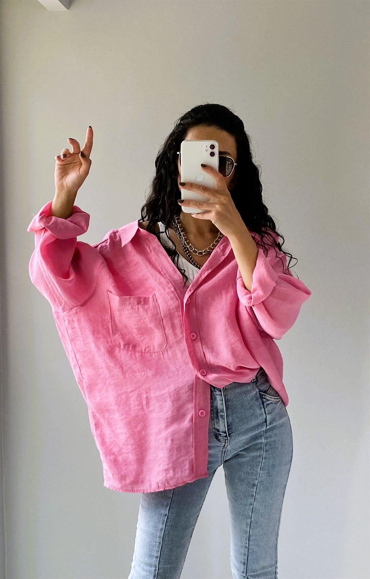Pembe Düşük Omuz Oversize Gömlek