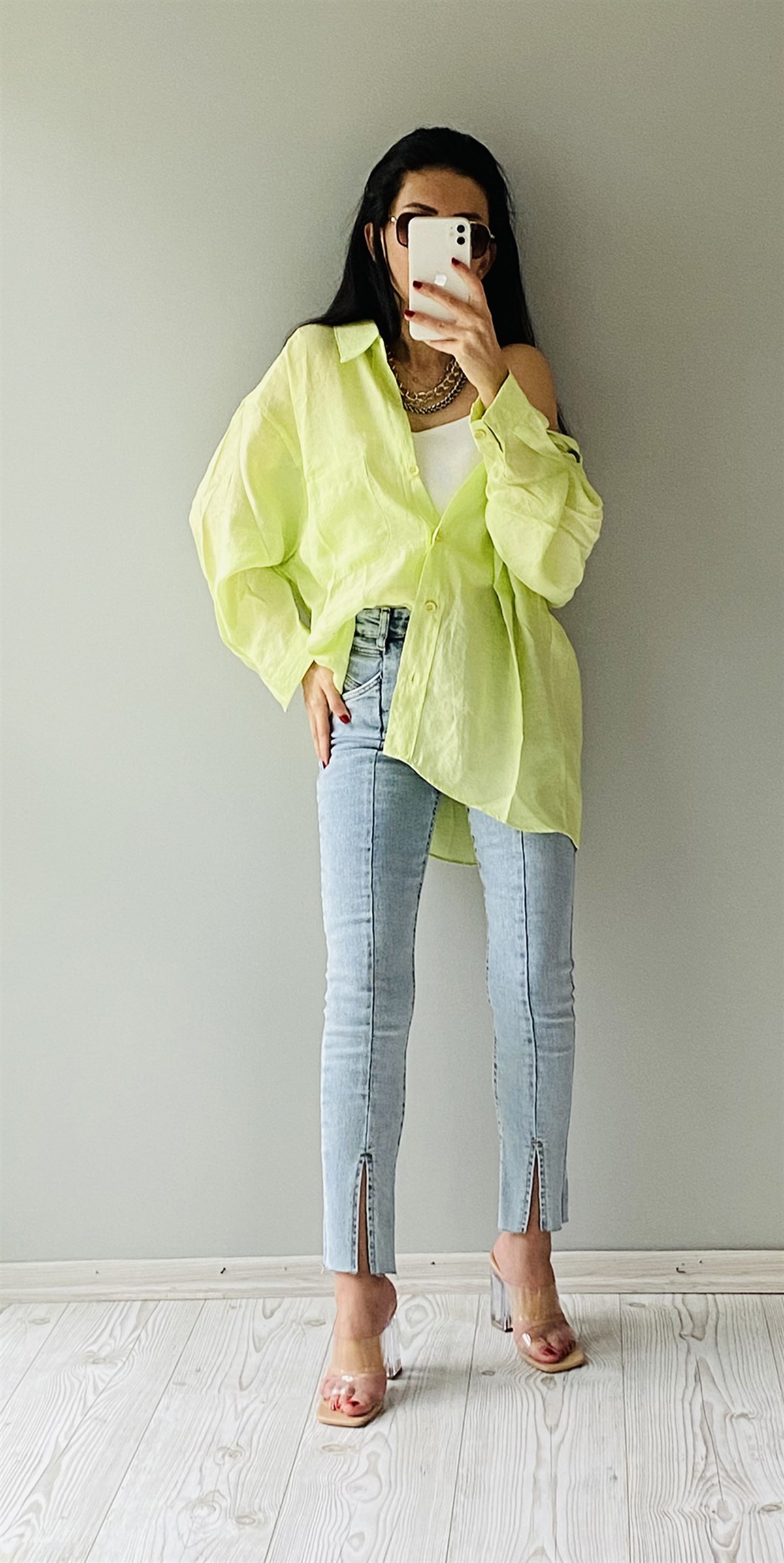 Neon Yeşil Düşük Omuz Oversize Gömlek