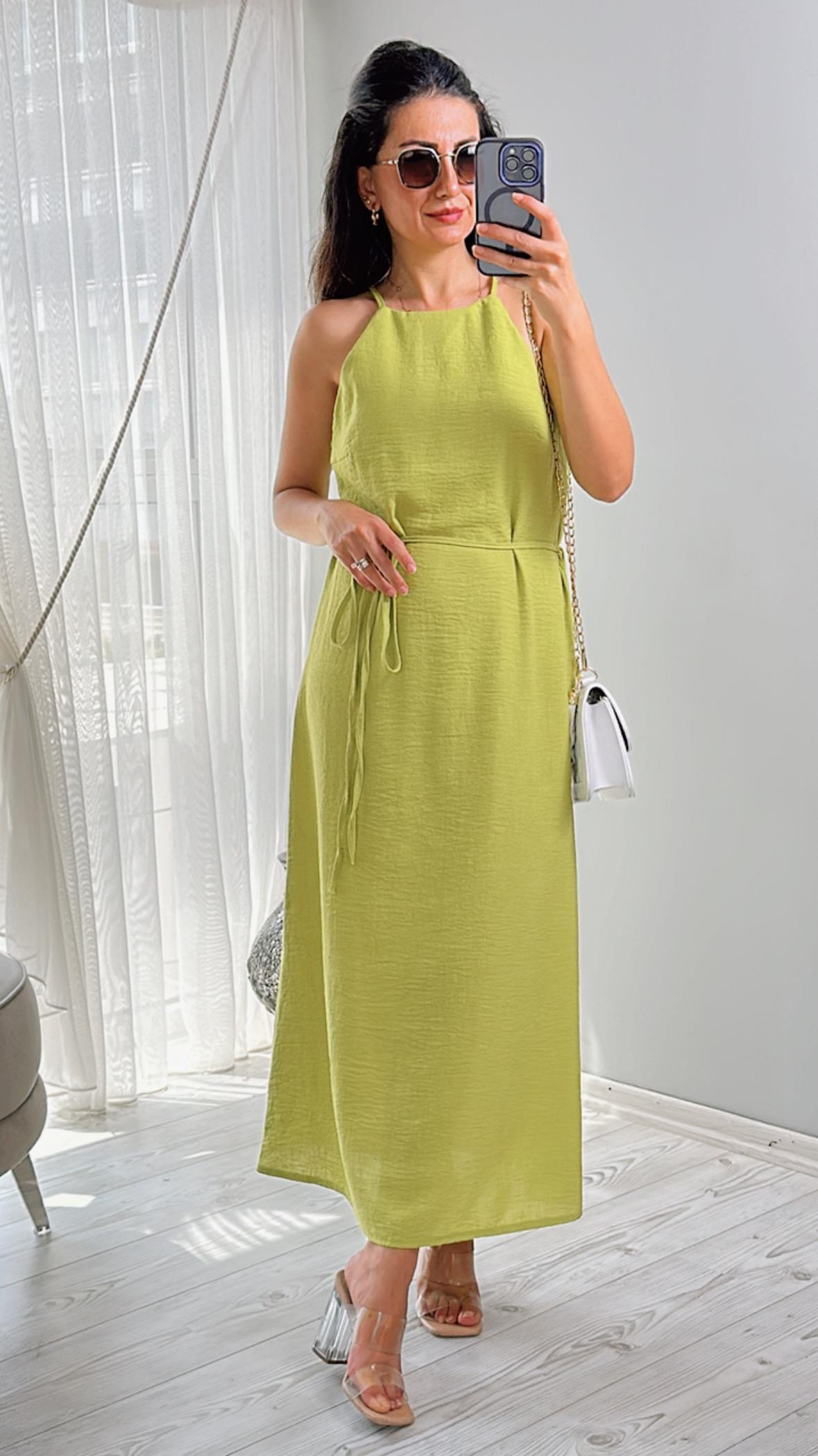 Fıstık Yeşil İnce Askılı Keten Elbise