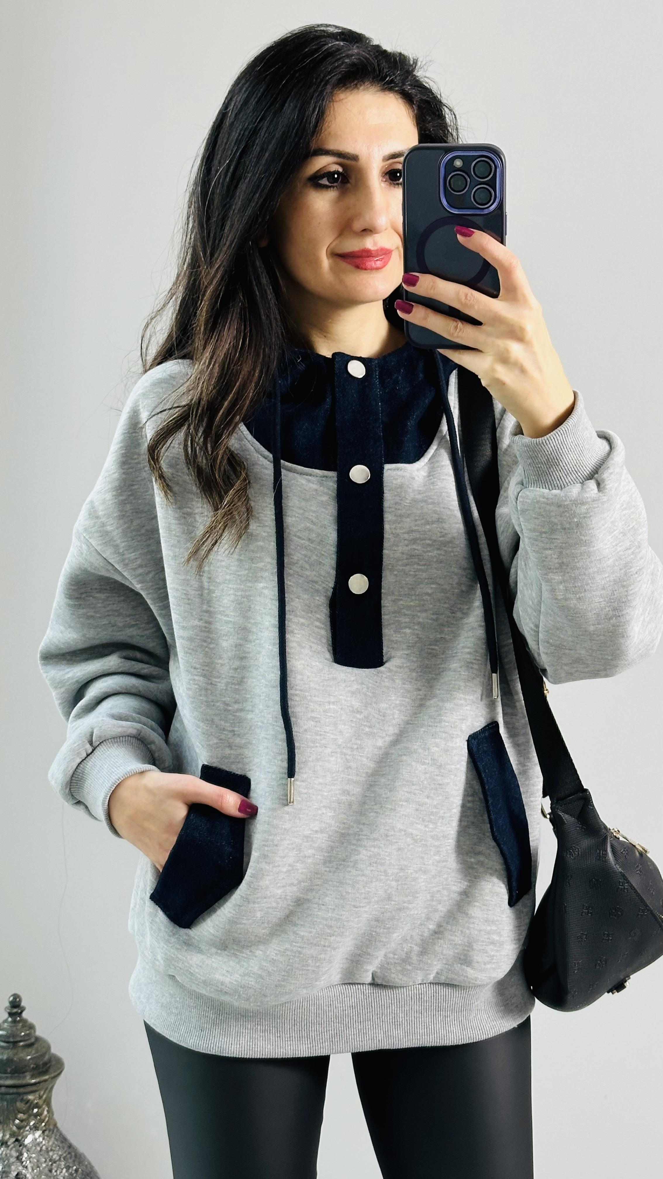 Gri Melanj Jean Garnili Cepli Kapşonlu Sweatshirt