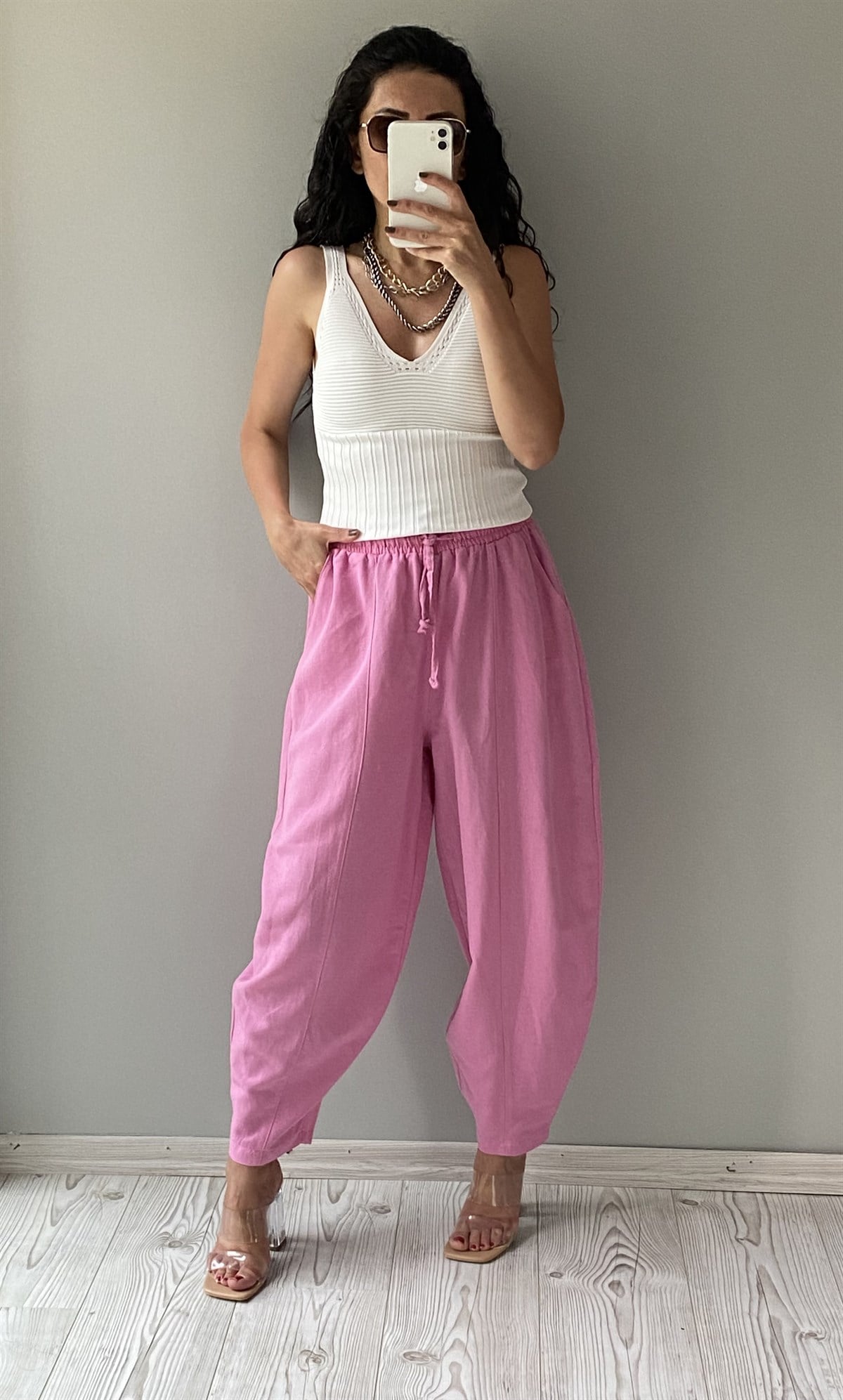 Pembe Şalvar Kesim Keten Pantolon