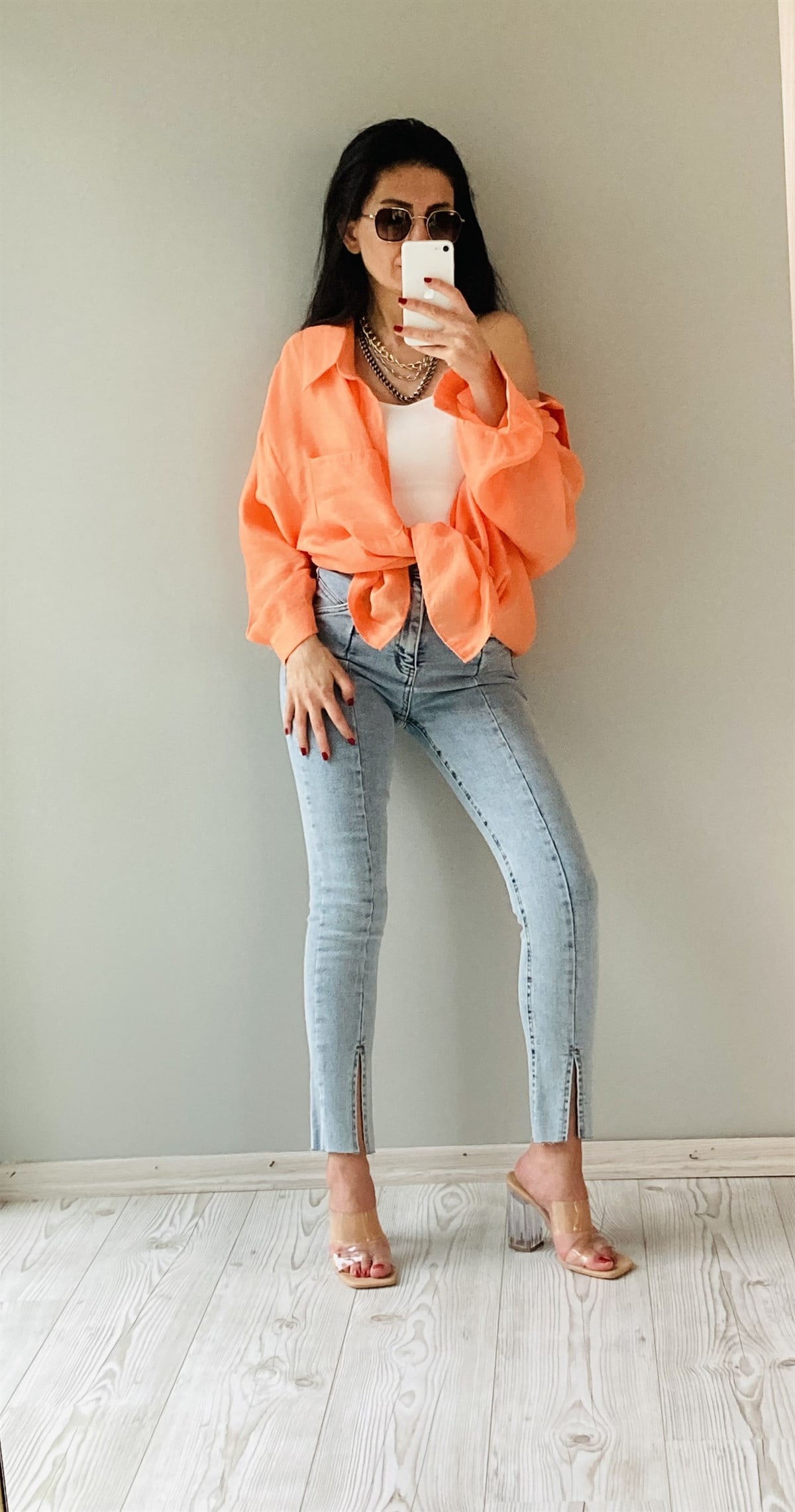 Turuncu Düşük Omuz Oversize Gömlek