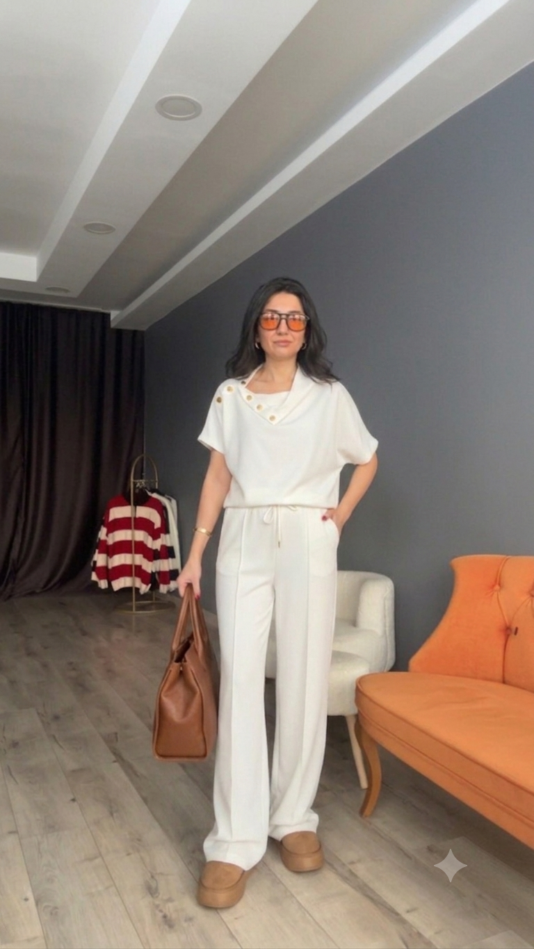 Ekru Omuz Düğmeli Modal Takım
