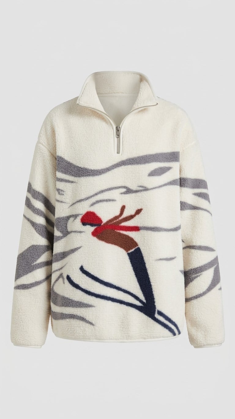 Ekru Kayakçı Kız Desenli Fermuarlı Sweatshirt