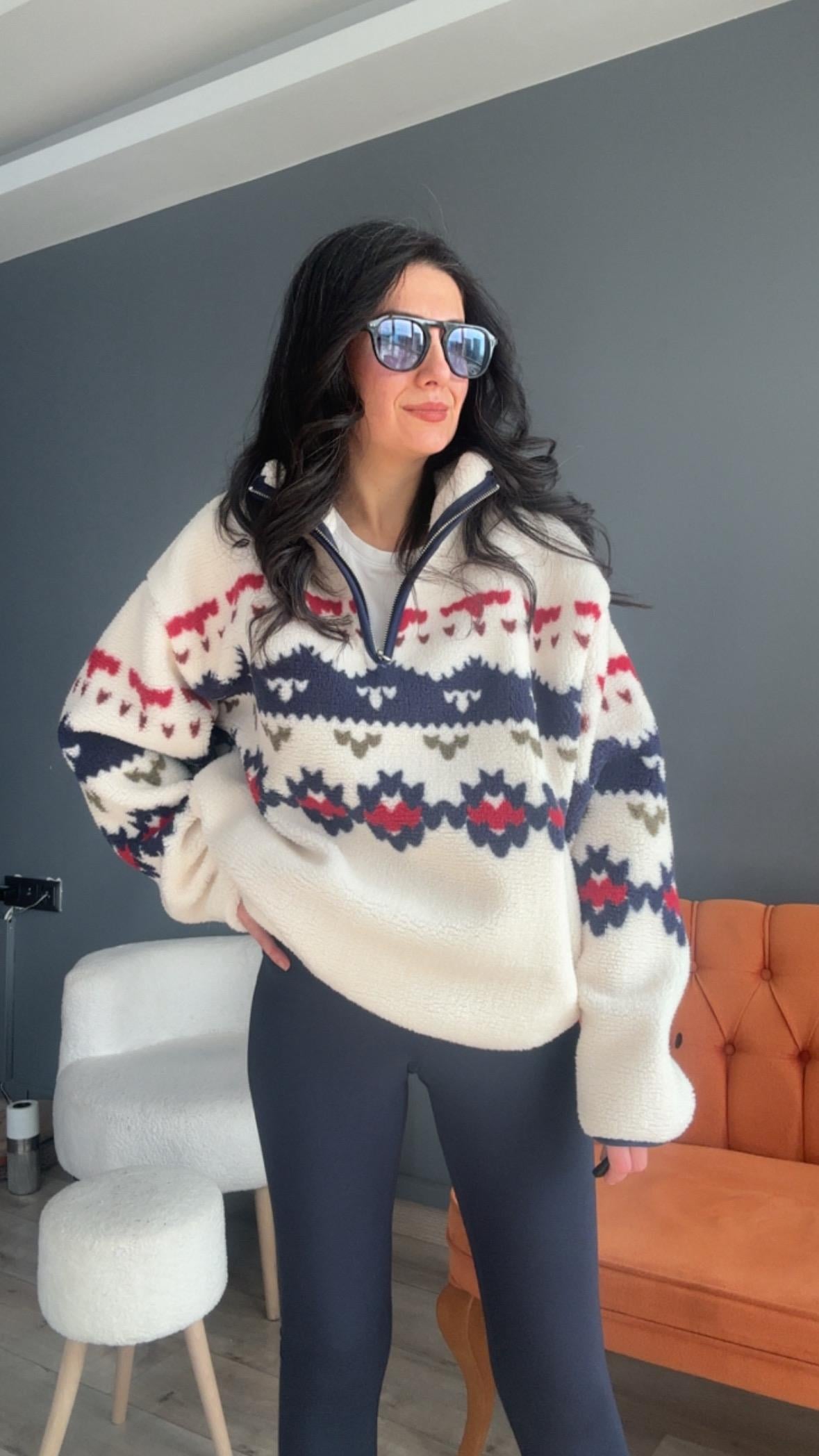 Ekru Lacivert Geometrik Desenli Fermuarlı Sweatshirt