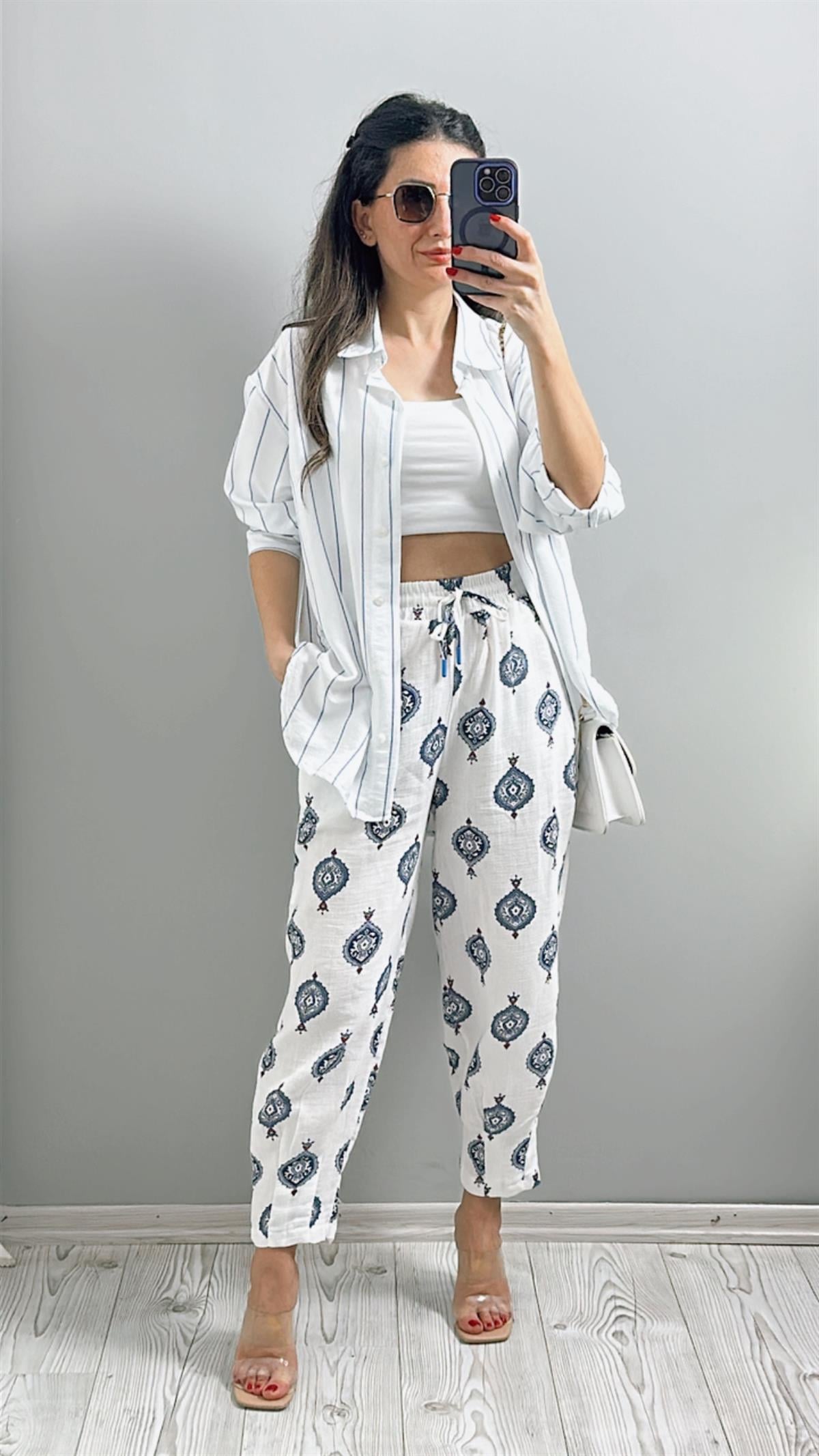Beyaz Desenli Muslin Pantolon