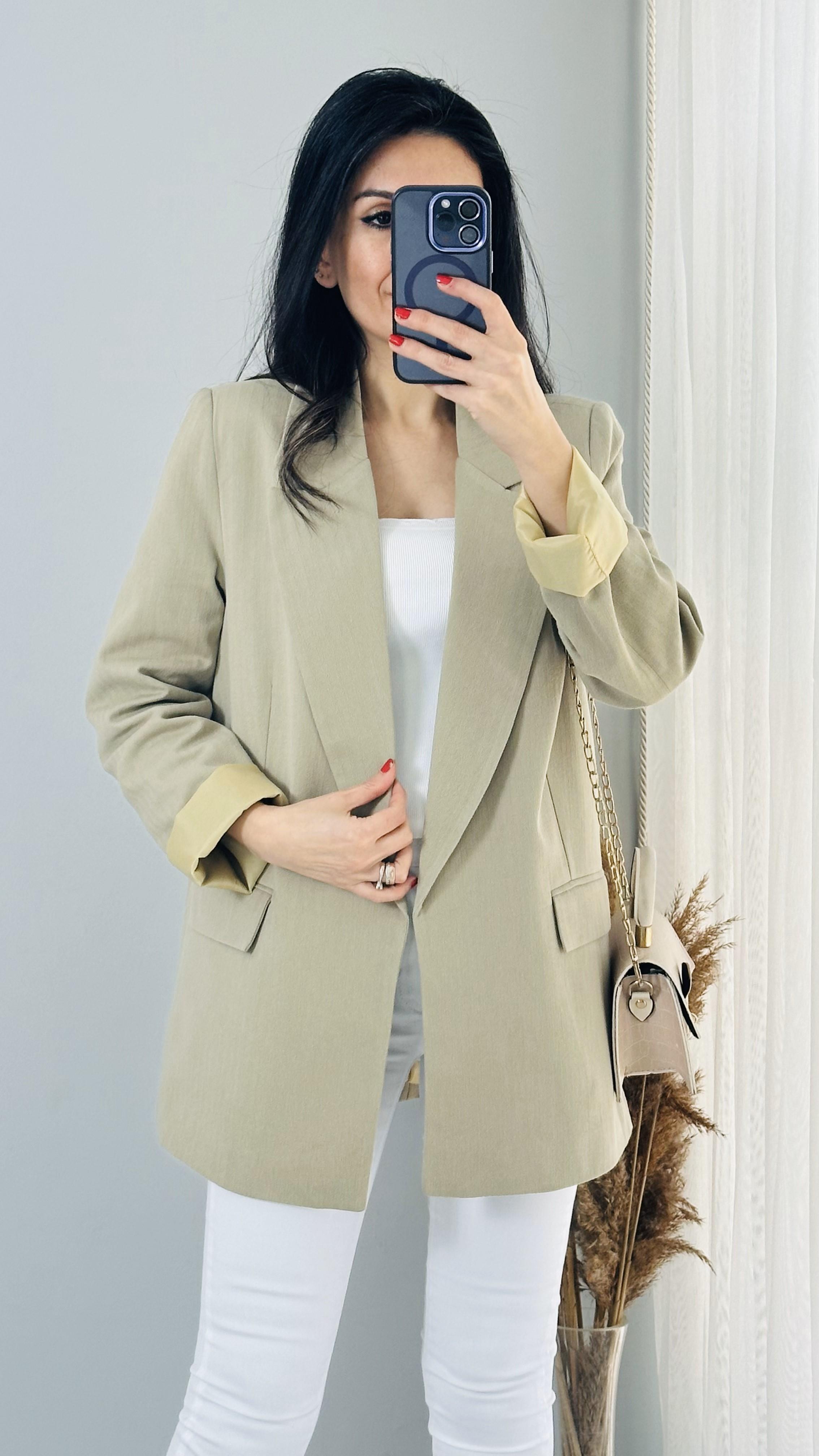 Haki Keten Astarlı Blazer Ceket