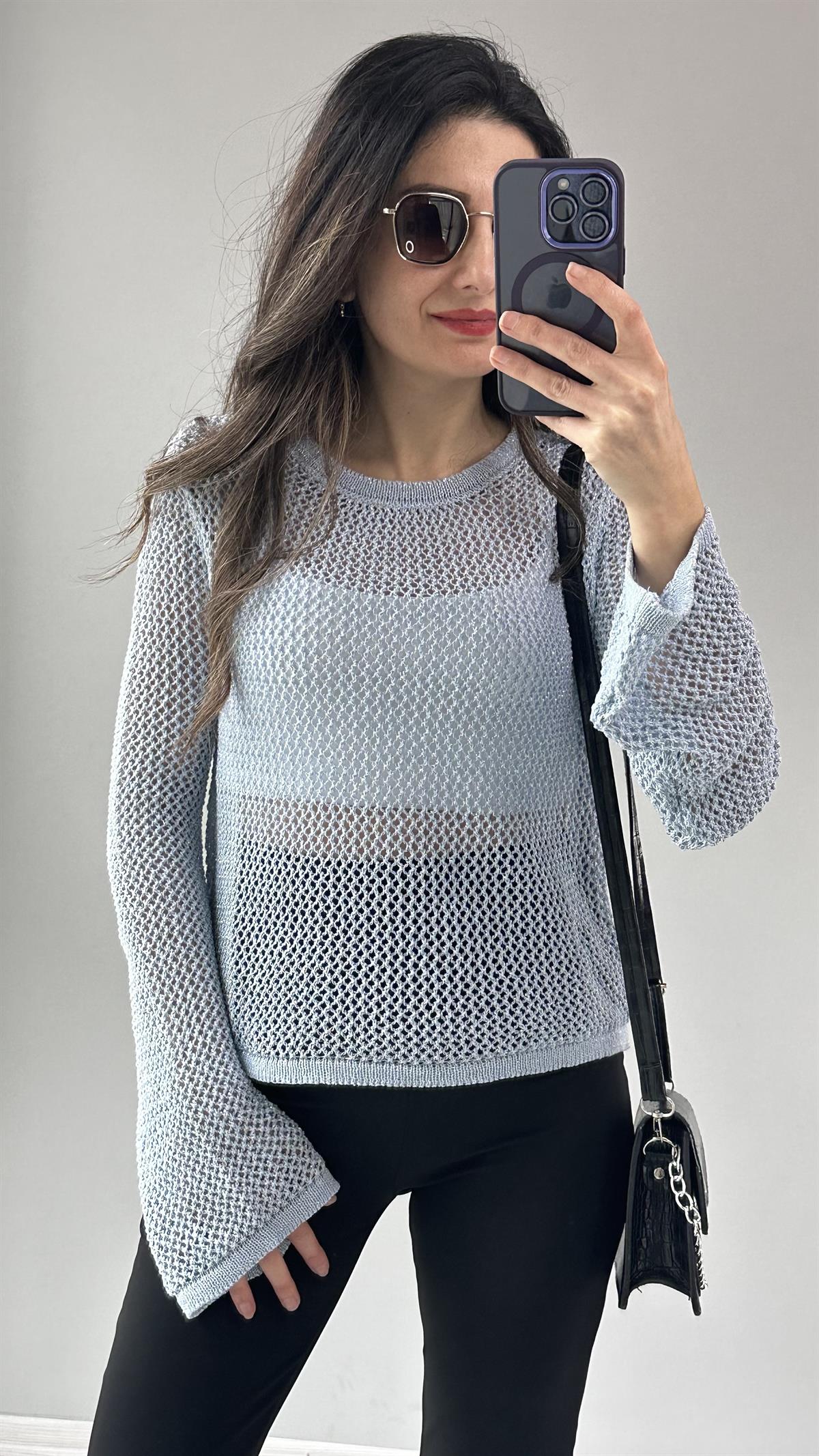 Bebe Mavi Simli Ajurlu Triko Bluz