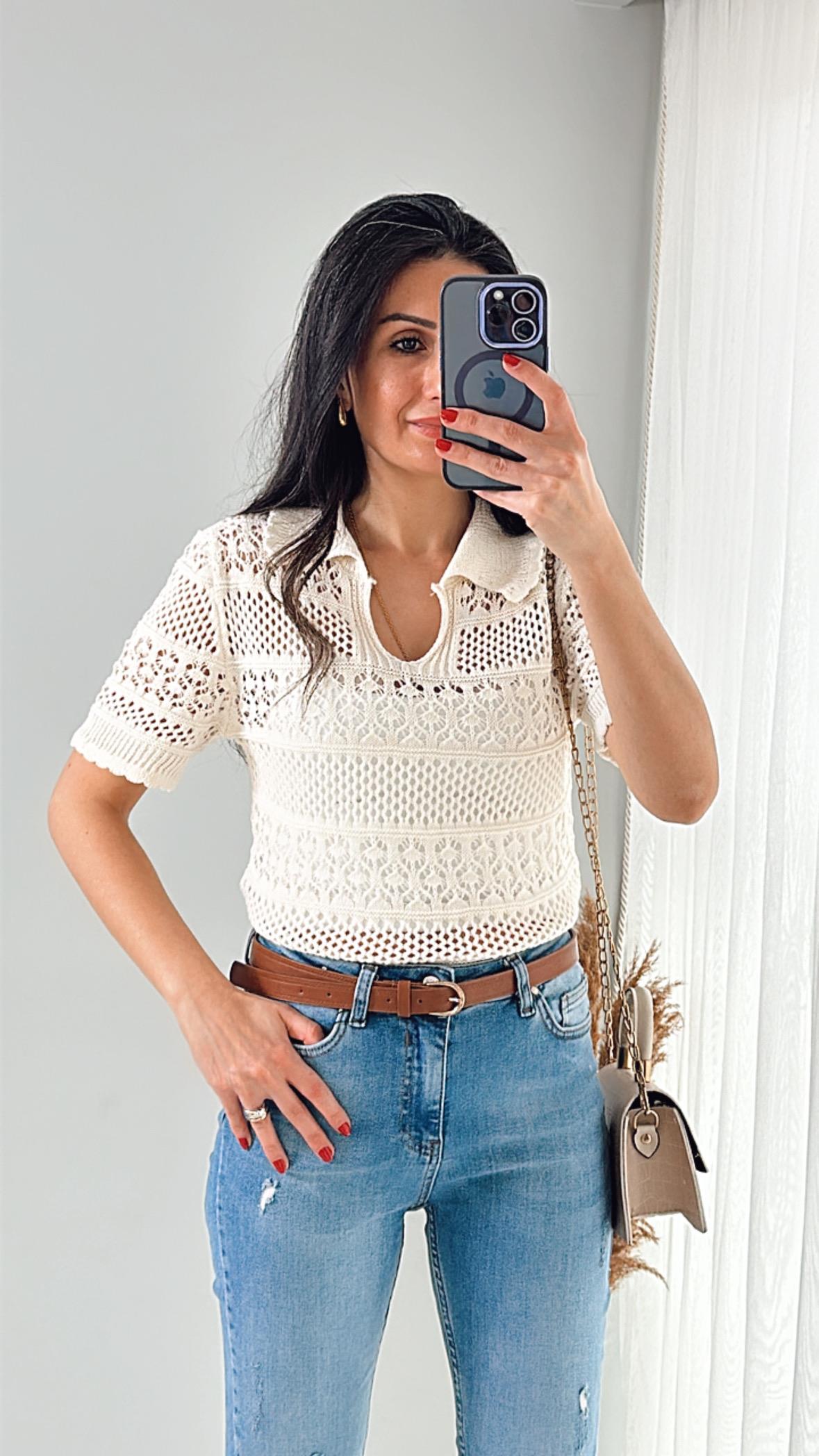 Krem Polo Yaka Ajurlu Tiko Bluz