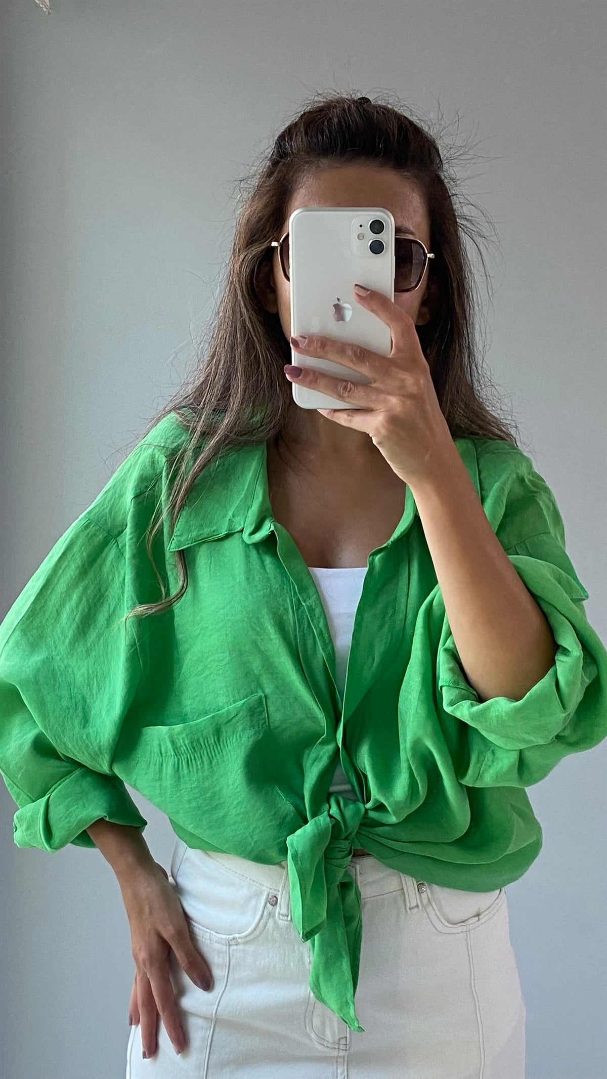 Yeşil Düşük Omuz Oversize Gömlek
