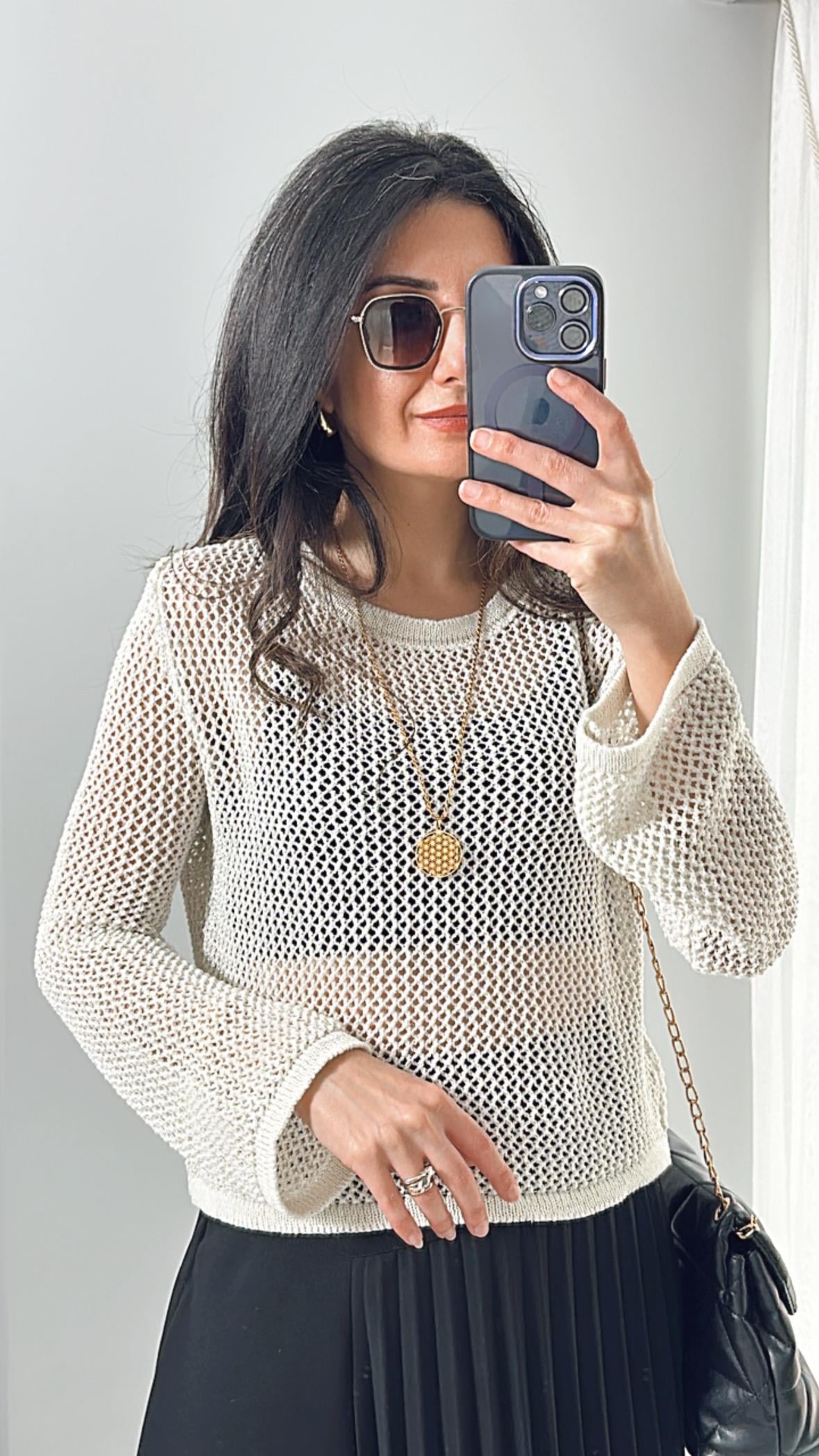 Krem Simli Ajurlu Triko Bluz