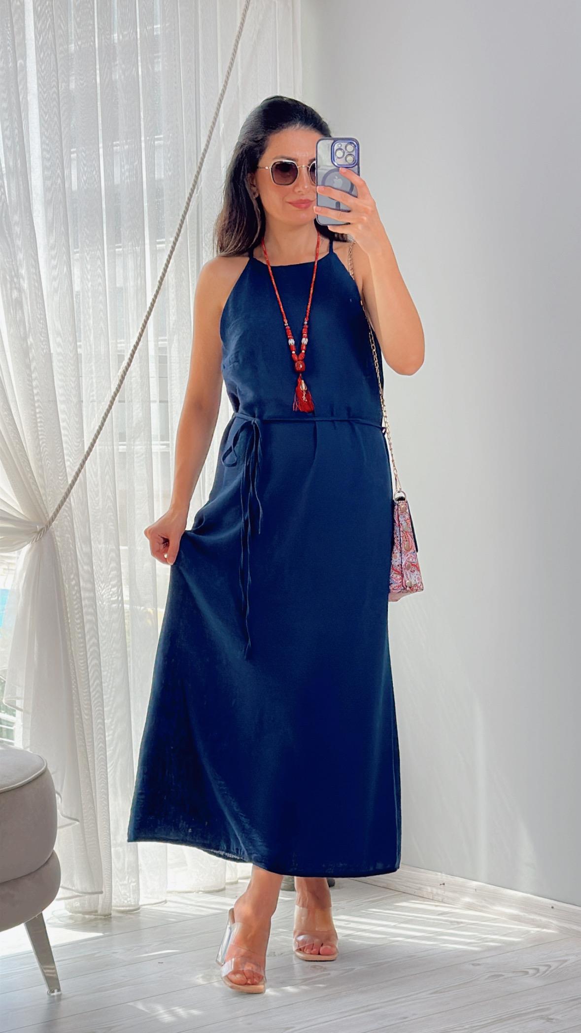 Lacivert İnce Askılı Keten Elbise