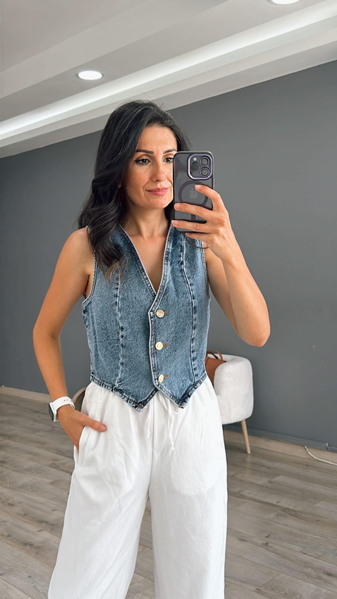 Mavi Denim V Yaka Crop Yelek