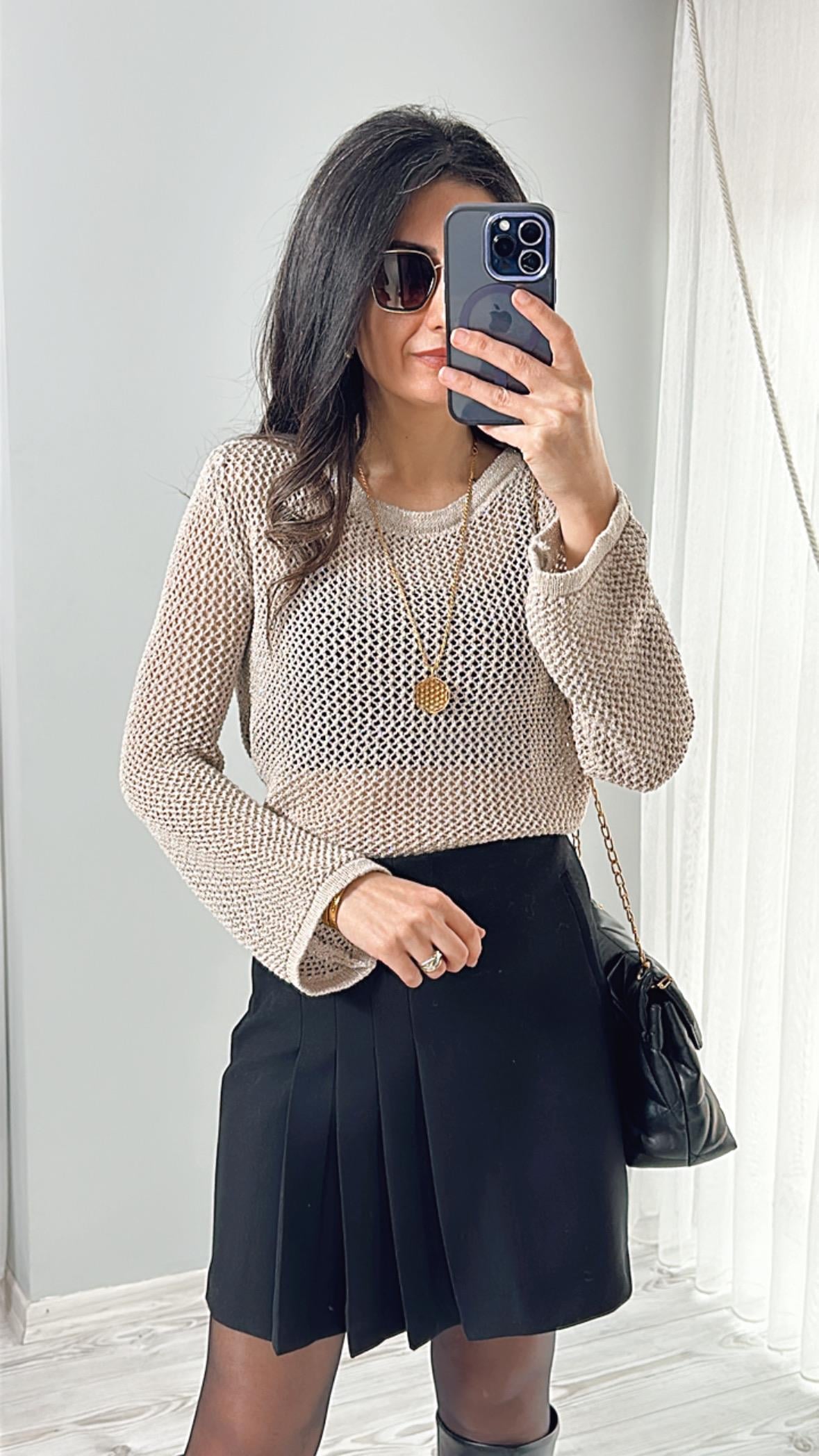 Bej Simli Ajurlu Triko Bluz